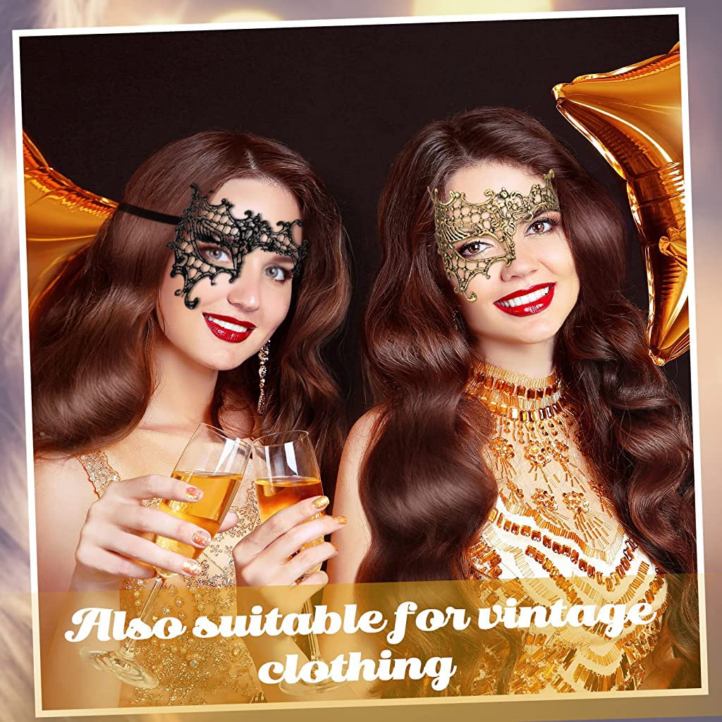 PATPAT 2Pcs Masquerade Masks Lace Eye Mask, Women Halloween Mask Lady Girl Party Mask for Party Masquerade Costume Halloween (Black & Gold)