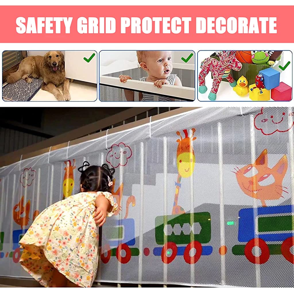SNOWIE SOFT Baby Safety Net for Balcony Baby Protection Stairway Safety Net Protector with 25 Nylon Ropes and 15 Plastic Buckle Safety Banister Stair Mesh for Baby Toddler Decent Mesh Fabric, 3*0.79M