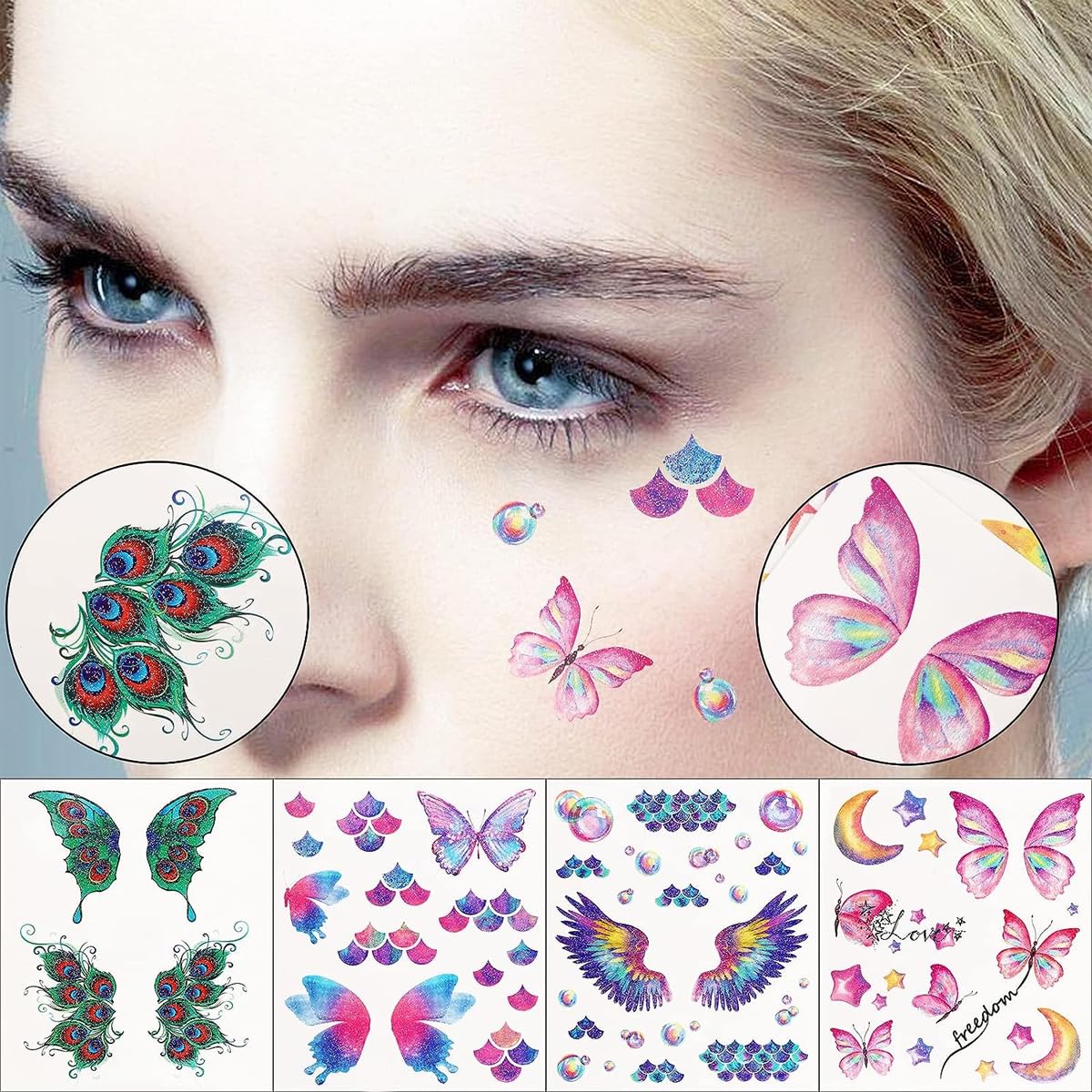 MAYCREATE Temporary Tattoo for Women Girls, Glitter Fake Tattoos Stickers for Face Arm Body, Adult Kids Freckle Tattoo Art for Rave Party Halloween (8 Styles)