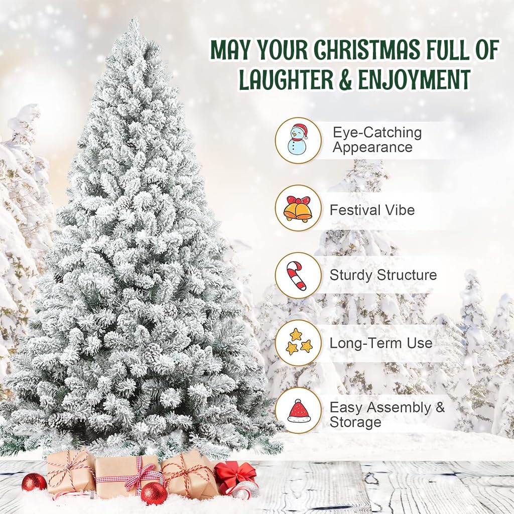 HASTHIP 59 Inches Christmas Tree for Home Decor DIY Assembly 350Pcs Flocked Pin Oak Branches Flocked Artificial Christmas Tree Decorative Powdery Snow Fake Christmas Tree for Christmas Home Decor