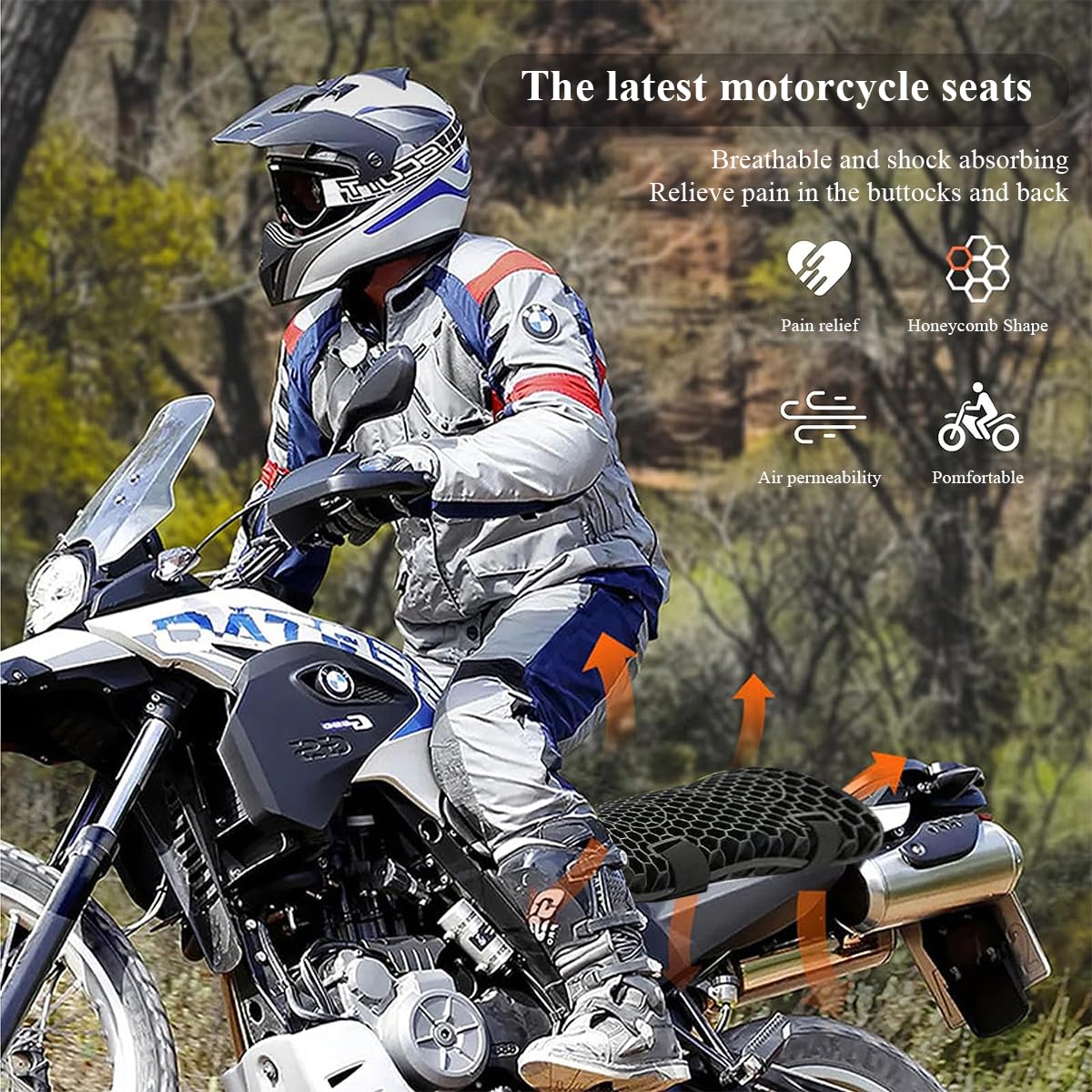 STHIRA Motocycle Seat Cushion, Motorcycle Gel Seat Cushion Breathable Seat Pad for Long Rides, High Density Gel 3D Honeycomb Motorcycle Seat Cover Structure Shock Absorption for Universal Seats