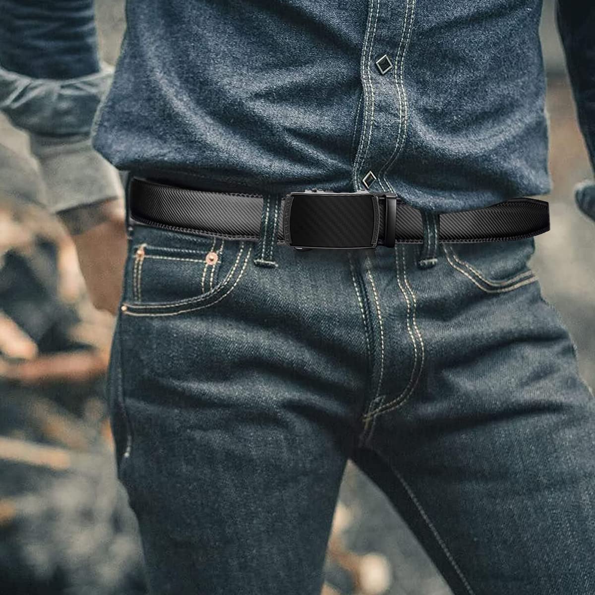 GUSTAVE Belts for Men Black Slim Leather Belt for Men Fashion Texture Slide Waist Belt Automatic Buckle Belt for Formal or Casual - 130cm Length, Free Adjustable, No Belt Hole
