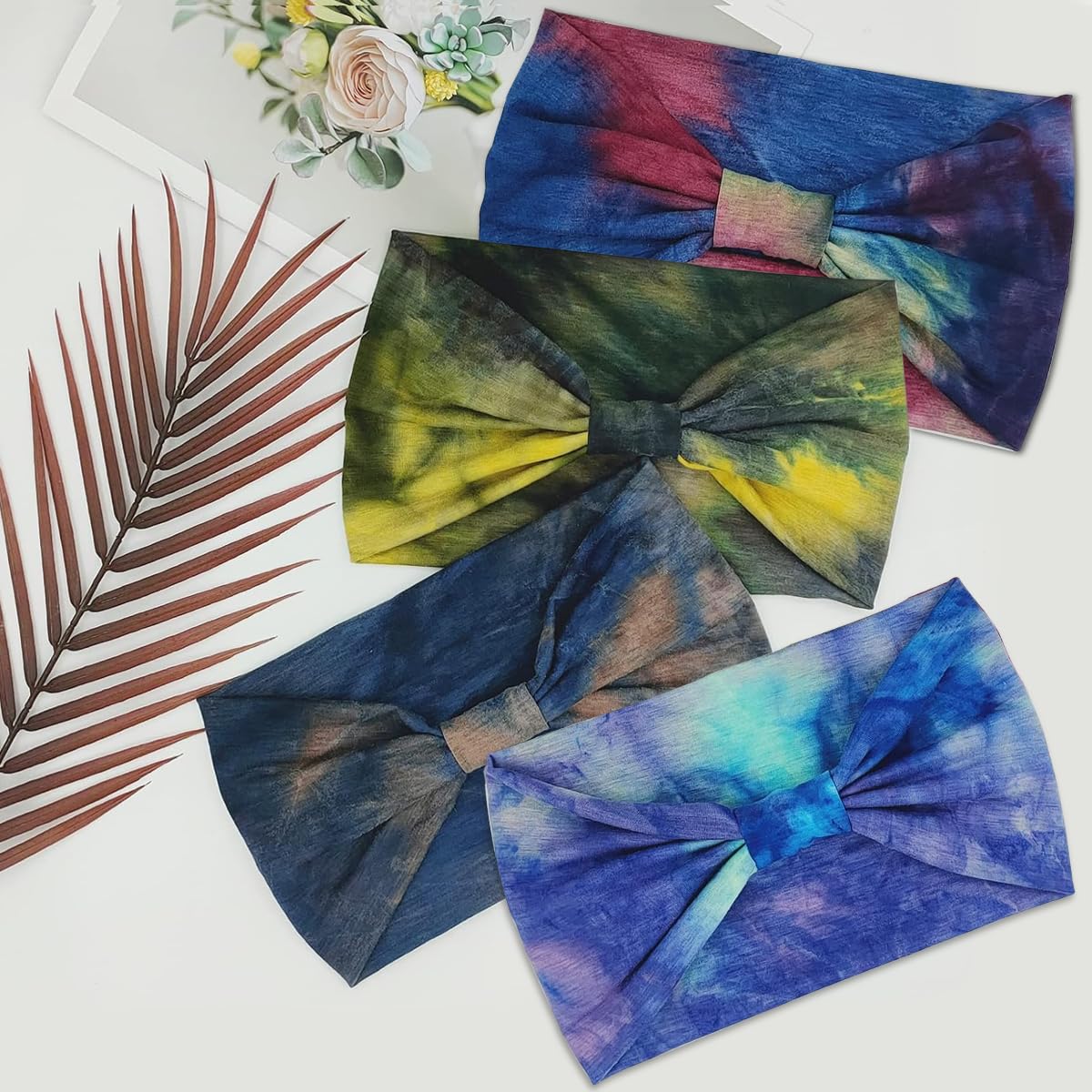 MAYCREATE 4 Pack Women Wide Headband Knotted Tie-dye Print Headbands Stretchy Wide Hair Bands Yoga Sweatband Sports Headband Polyester Head Wraps Stylish Head Bands for Women