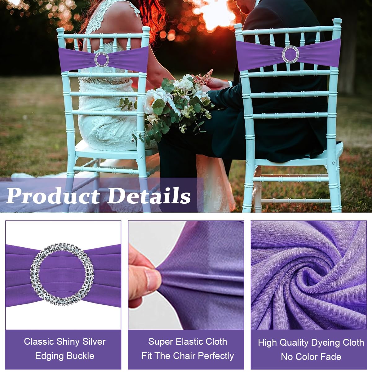 HASTHIP 20Pack Chair Sashes Chair Bows Stretch Chair Sashes Spandex Chair Cover Band with Buckle for Wedding Hotel Banquet Birthday Party Home Decorations, Purple