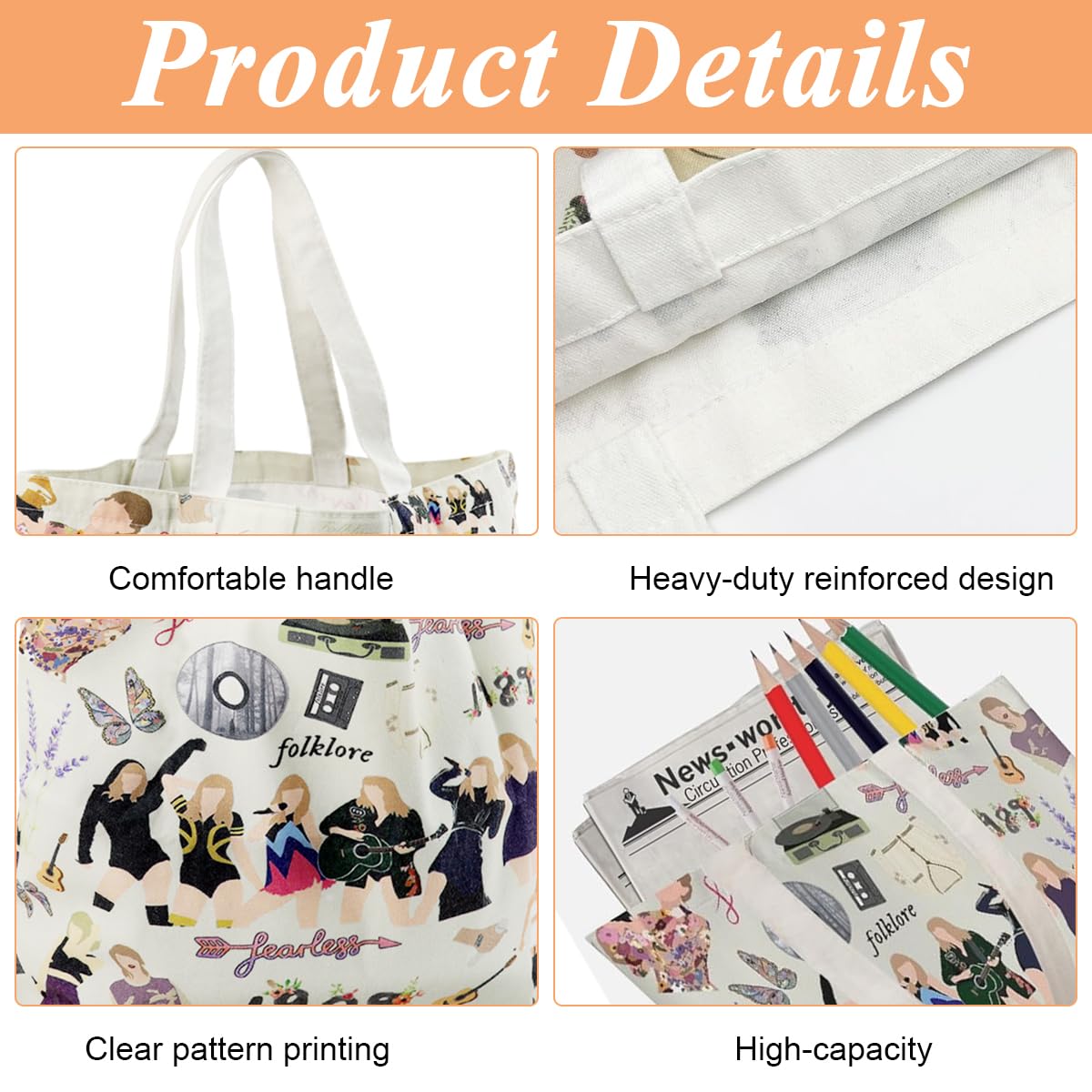PALAY Girls Tote Bag Taylor Swift Print Canvas Bag Cartoon Picture Print Shopping Bag Zipper Bag Book Bag Taylor Swift Fans Merchandises Gift Tote Bag