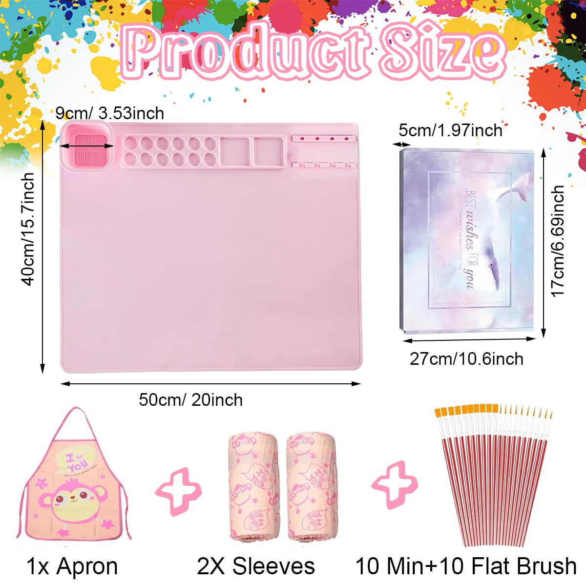 HASTHIP 50*40cm Silicone Craft Mat Kit for Painting, Play Doh and Clay for Kids, Non-Stick Multipurpose Silicone Sheet with with 1x Apron, 1 Pair Oversleeve, 20pcs Brushes, Childrens Day Gift