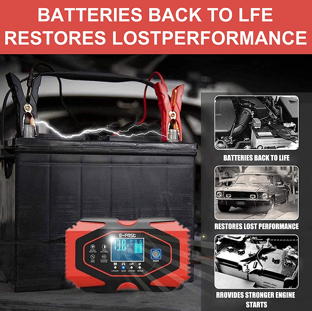 Verilux Car Battery Charger, 6A 12V/3A 24V Car Battery Charger Charges, Automotive Smart Portable Battery Charger Maintainer for Car, Motorcycle, Lawn Mower and More, Red