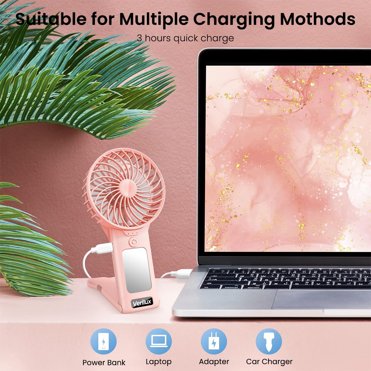 Verilux Hand Fan Mini Portable Fan with Mirror, 4-Speed USB Fan with Foldable Stand Base, Lasting Max 20Hrs Working Time, Rechargeable Fan for Girls Women Traveling Outdoor (Pink)