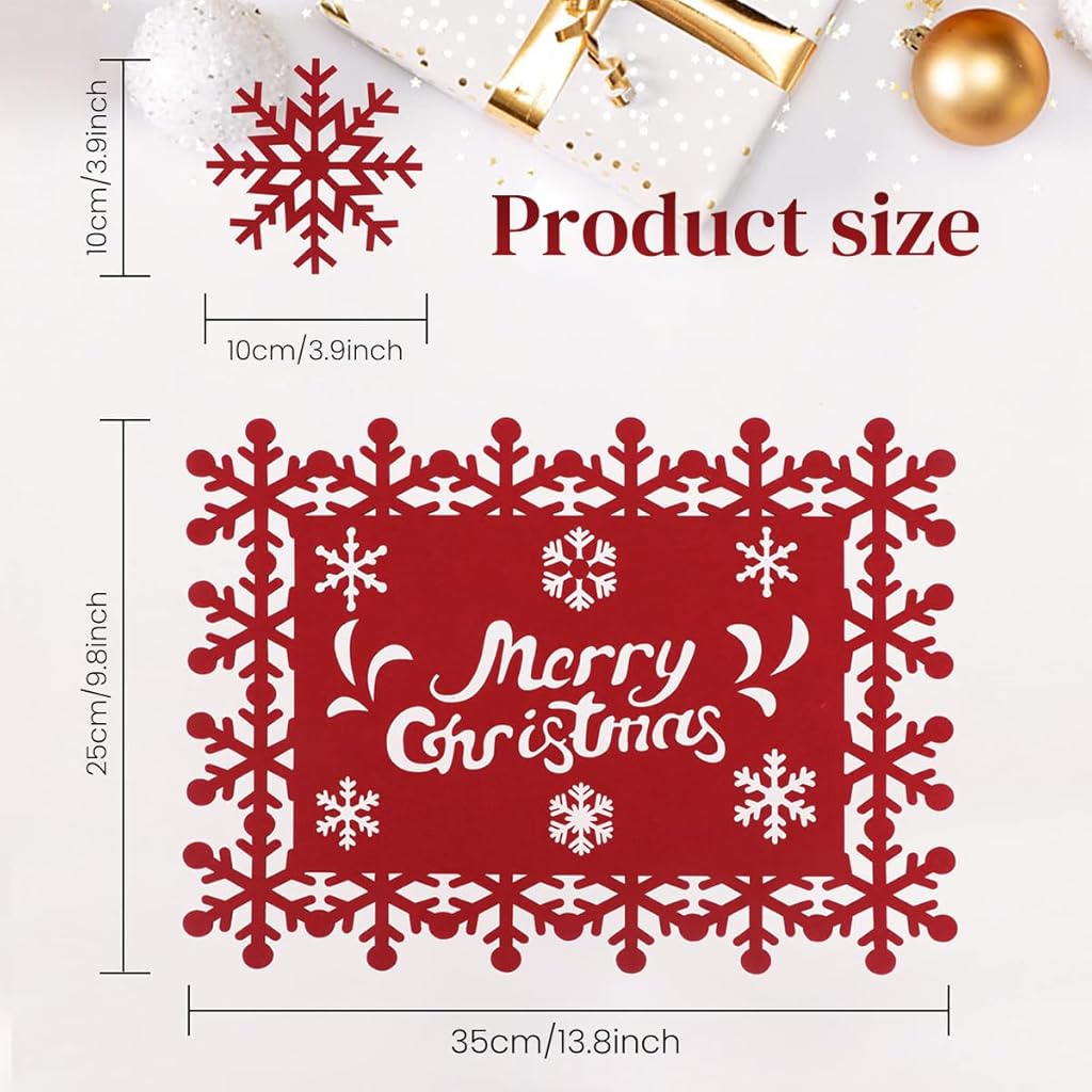 HASTHIP® Christmas Placemats & Snowflake Coasters Set of 12 Red Joyful Christmas Placemats Coasters 3mm Felt Paper Cut Snowflake Christmas Placemats Coasters Creative Christmas Home Decor