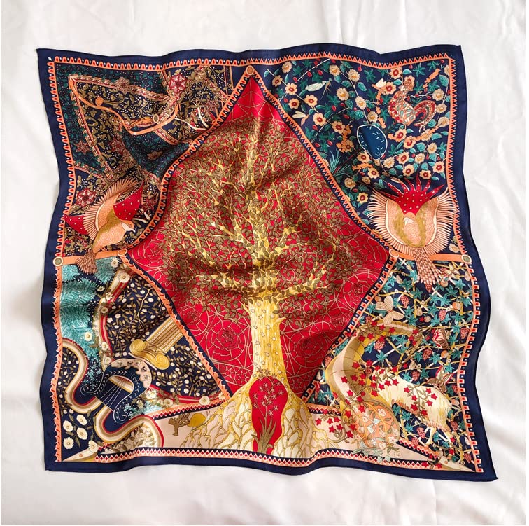 PALAY® Female Satin Scarf For Women Square Silk Feeling Head Shawl Comfy Polyester Hair Wrapping Scarves Girls 43.5×43.5 In Tree Of Life Prints Multicolor 3 PCS