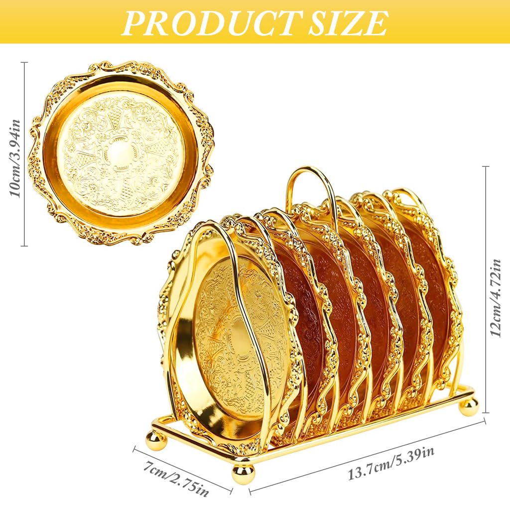Supvox Set of 6 Small Dessert Plates 3.9 inches Golden Dessert Plates with Golden Metal Stand Luxury Golden Embossing Dessert Plates for Party, Banquet, Birthday, Festivals