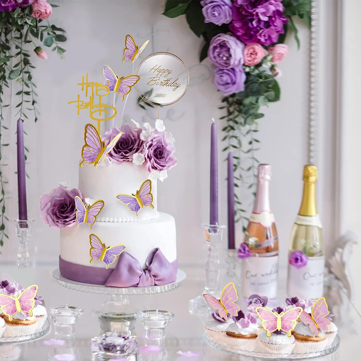 HASTHIP 22 pcs Cute Butterfly Cake Decorations,2 Cakes Decorate for Girl with 1 Happy Birthday Acrylic & 20 Butterflies & 1 Iron Circle in 1st to 25th Birthday Party(Purple & Pink)