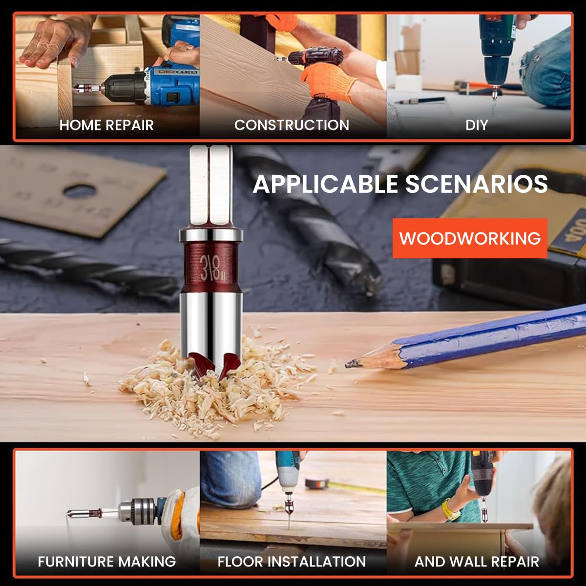 Serplex 5Pcs Countersink Drill Bit Set 3/4'', 5/8'', 1/2'', 3/8'', 1/4'', 82 ° 5-Flute Steel Countersink Drill Bit Universal Hex Shank, Rotatory Tool Countersink Drill Bits for Wood, Metal, Plastic