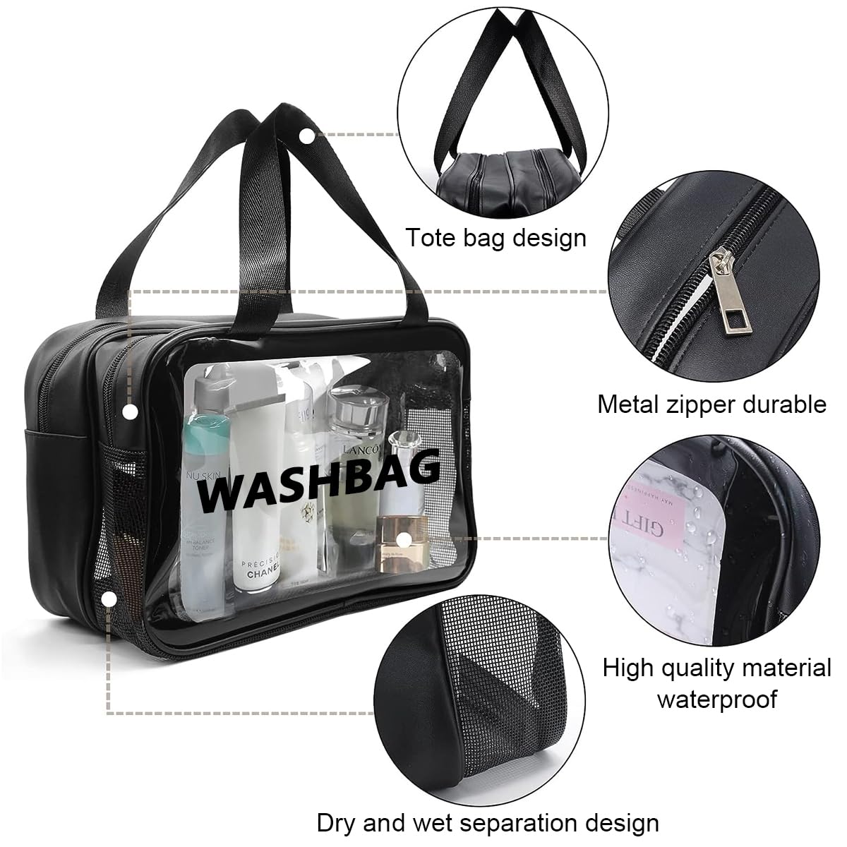 MAYCREATE Travel Toiletry Bag, Large Clear Makeup Bags, 2 in 1 Cosmetics Bag with Zipper Handle, Translucent Waterproof and Draining Travel Accessories Bag, Black
