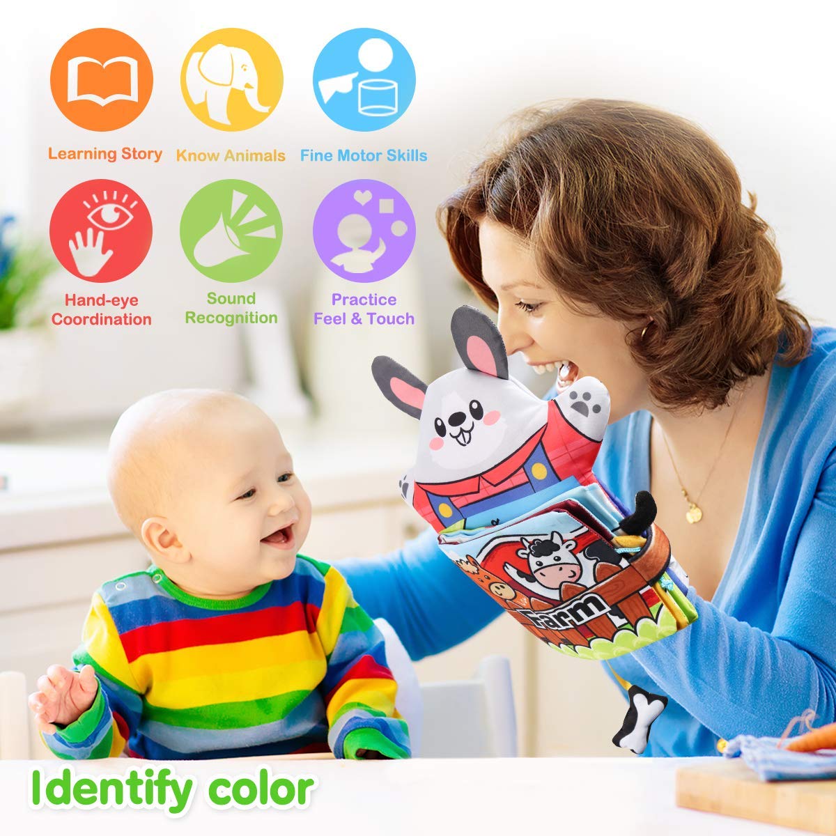 SNOWIE SOFT Baby Soft Cloth Book, with Hand Puppet, Farm Animal Touch and Feel, fold Book Tail Tactile Fabric Activity Book, Suitable for Babies, Toddlers -Farm