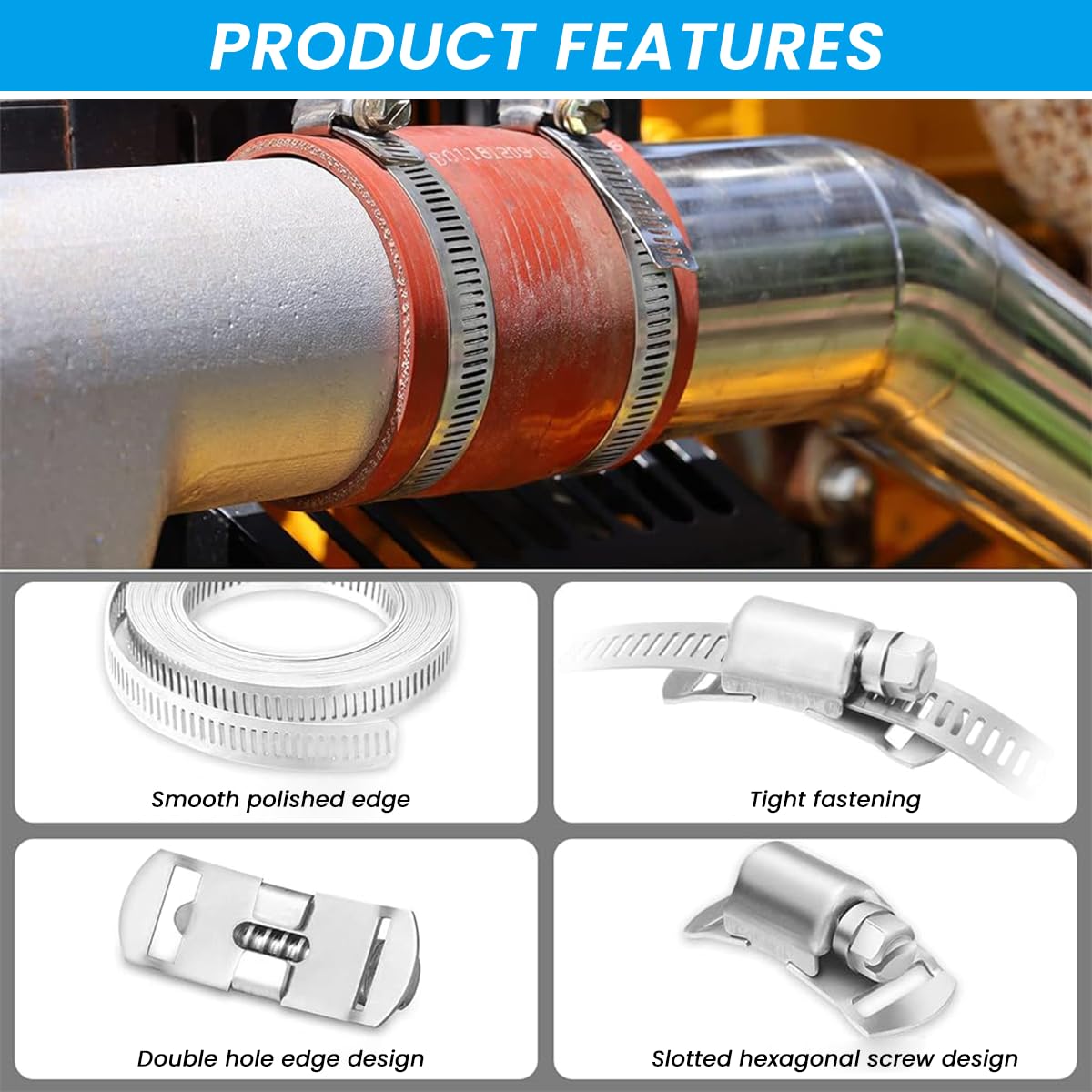 Serplex 13.3ft Hose Clamp Roll DIY Hose Clamp Roll 304 Stainless Steel Hose Clamp with 8 Fastening Bolts Attachment Cuttable Hose Clamp Hose Clamp Band for Plumbing, Pipe Repairing, DIY