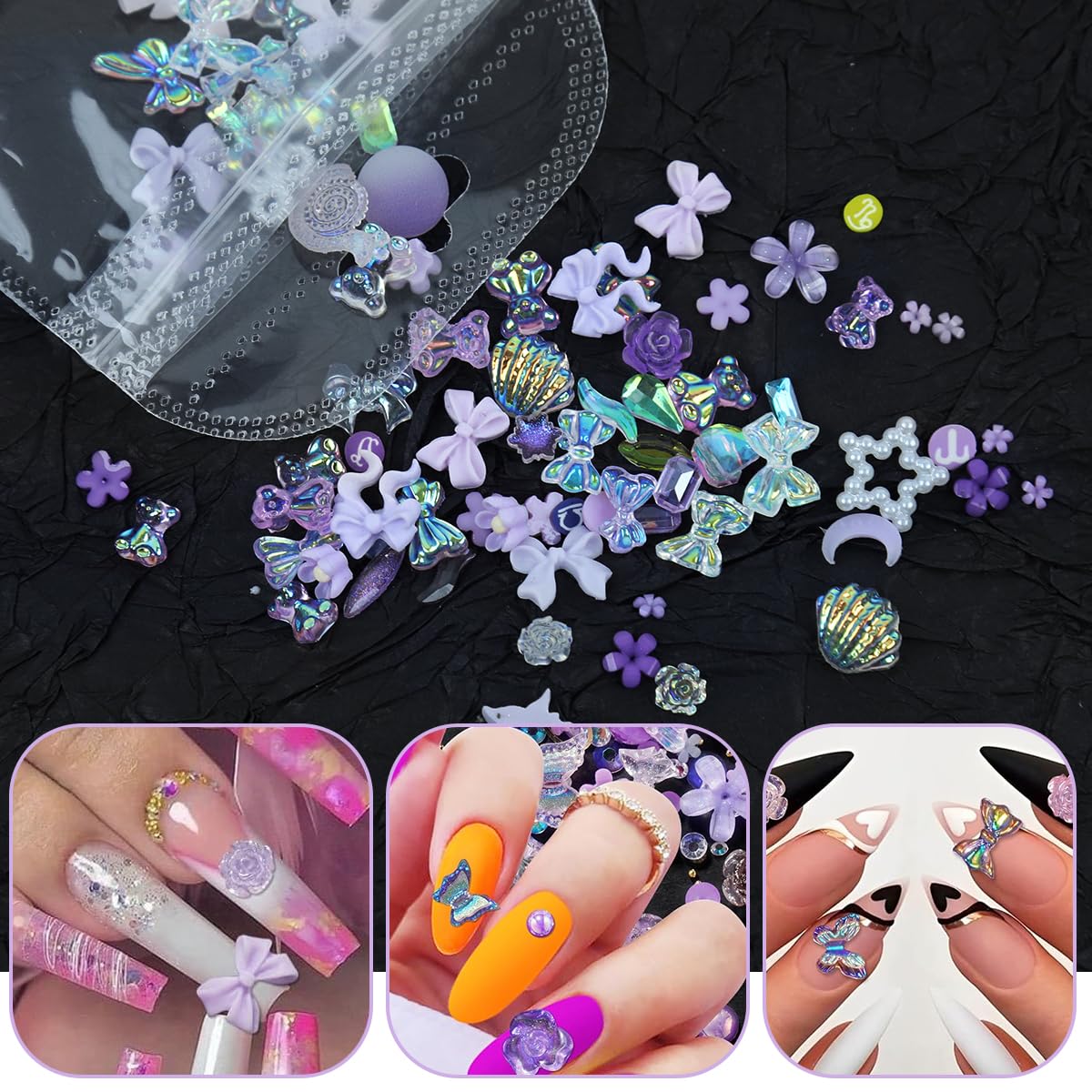MAYCREATE 3D Mix Flower Nail Charms, Heart Flower Butterfly Acrylic Nail Gems Charms Mixed AB Resin Rhinestones Pearls Gold Rivets for Manicure DIY Crafts Accessories, Purple