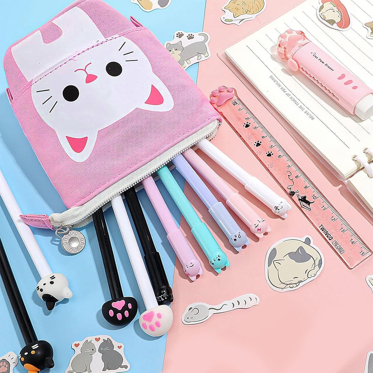 Climberty Cute Cat Stationery Set Kawaii Pop up Pencil Case with Gel Ink Pens, Multi-Color Click Pen, Mechanical Pencil & Refills, Pencil Pouch, Ruler, Eraser & DIY Stickers for Girls & Students