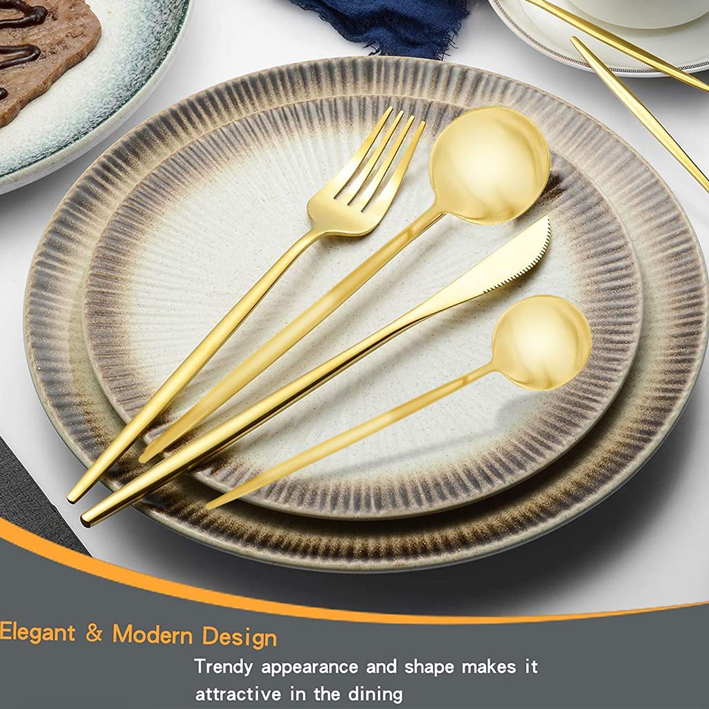 HASTHIP Premium Gold Stainless Steel Fork Spoon Coffee Spoon 4 Piece Set, Spoon Fork Outdoor Gift Set, Flatware with Gift Box Dinnerware Cutlery Set Tableware Set (Gold)