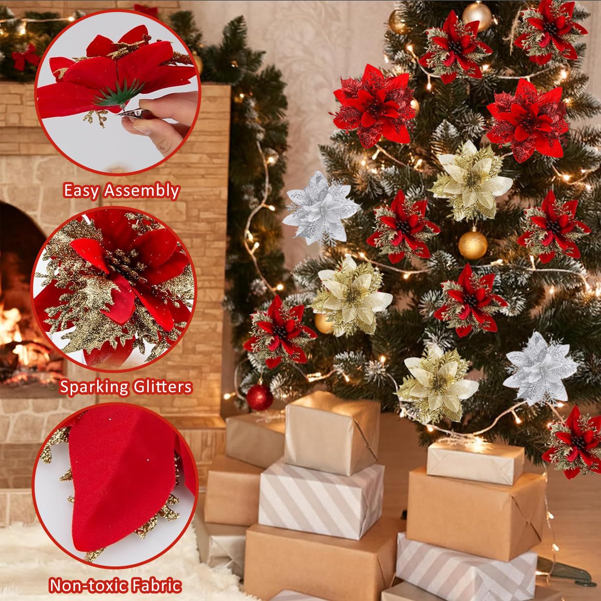 HASTHIP 12Pcs Christmas Poinsettias 5.5 inches Glittering Artificial Poinsettias 4-Designs Golden and Red Christmas Poinsettias Christmas Poinsettias Flowers Christmas Home Decor