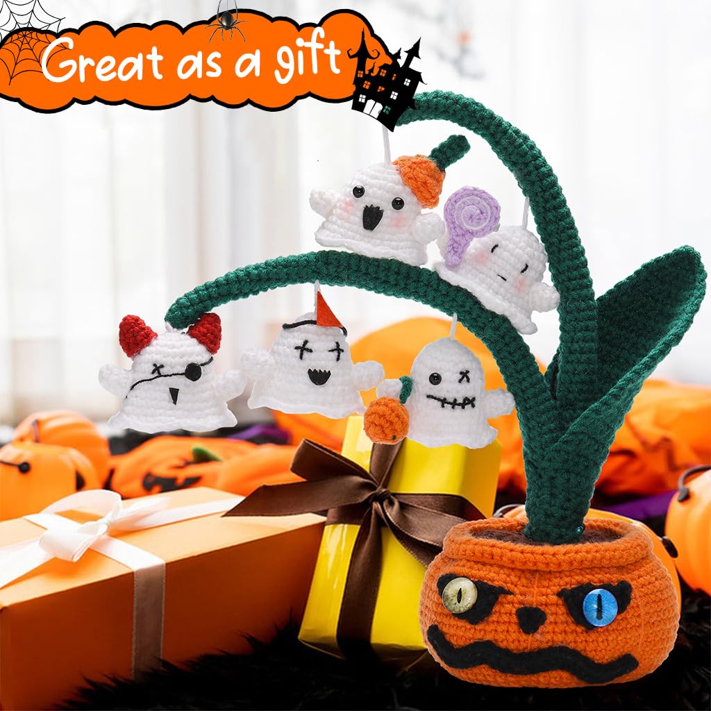 PATPAT DIY Crochet Craft Kit DIY Halloween Spooky Ghost Pumpkin Tree Desk Decoration Beginners DIY Halloween Crochet Material Kit with Tutorials DIY Halloween Ghost Pumpkin Tree Home Decor