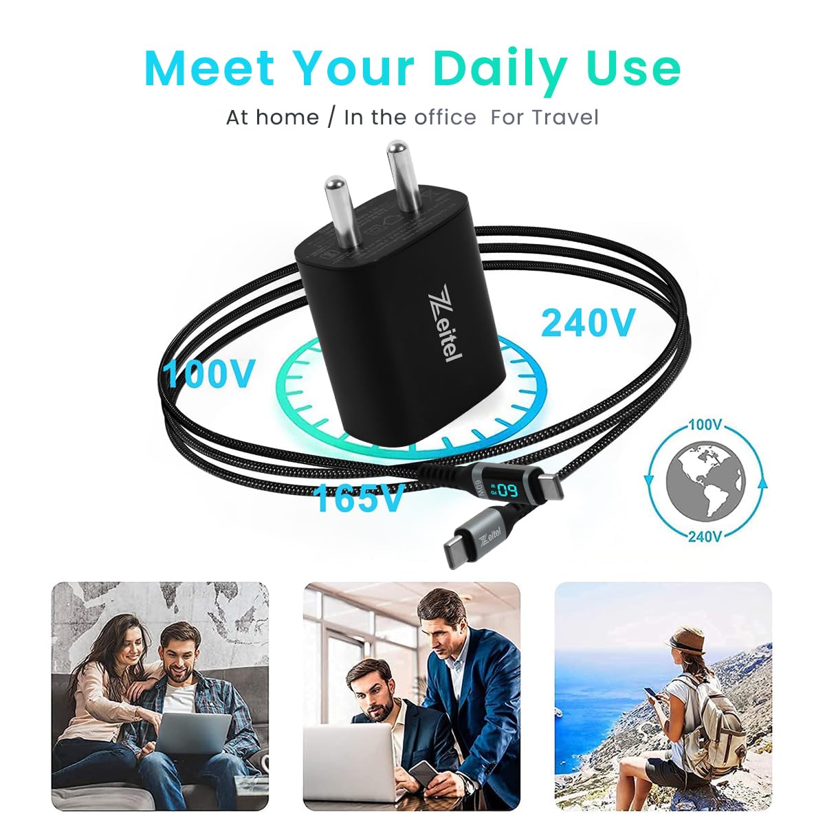 Zeitel 30W Fast Charging Power Adapter with LCD Light-ning to USB C Charging Cable Universal Power Adapter 60W Light-ning Cable for 15/15Pro/15Pro Max, Samsung S21 Samsung Charger