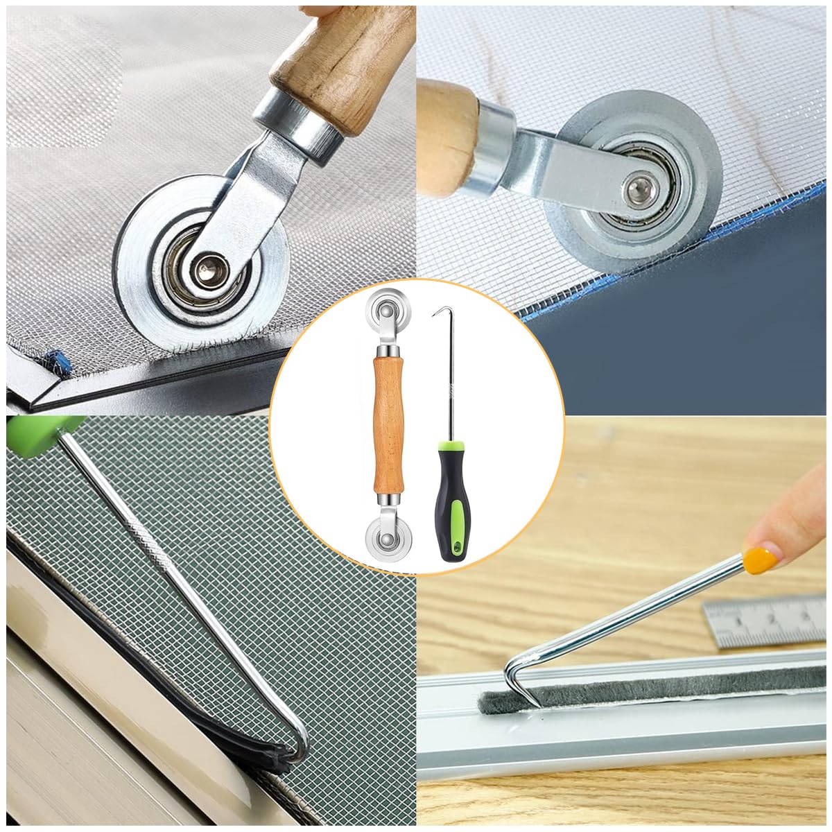 Serplex Screen Roller Tool, Screen Spline Tool, Spline Roller, Steel/Nylon Roller with Bearing + Removal Hook, Window Screen Door Repair Kit, for Installing Door Window Mesh