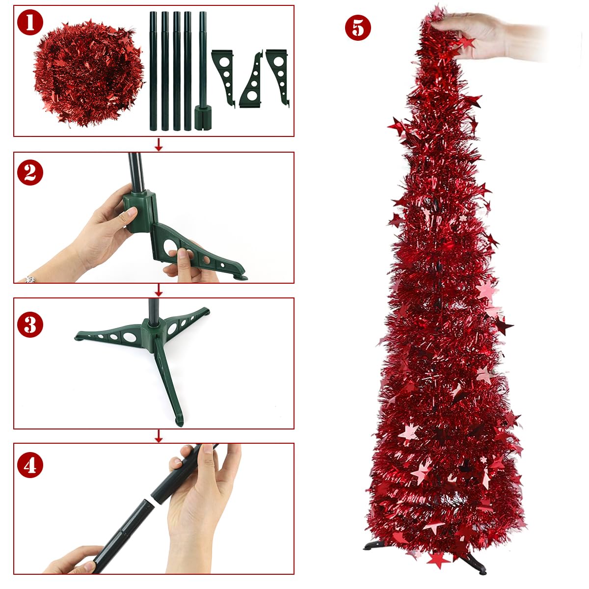 HASTHIP 1.5m Sparkling Red Christmas Tree Tinsel Garland Red Christmas Tree Festival Party Home Decor DIY Assembly Red Christmas Tree for Living Room, Balcony, Entryway, Garden