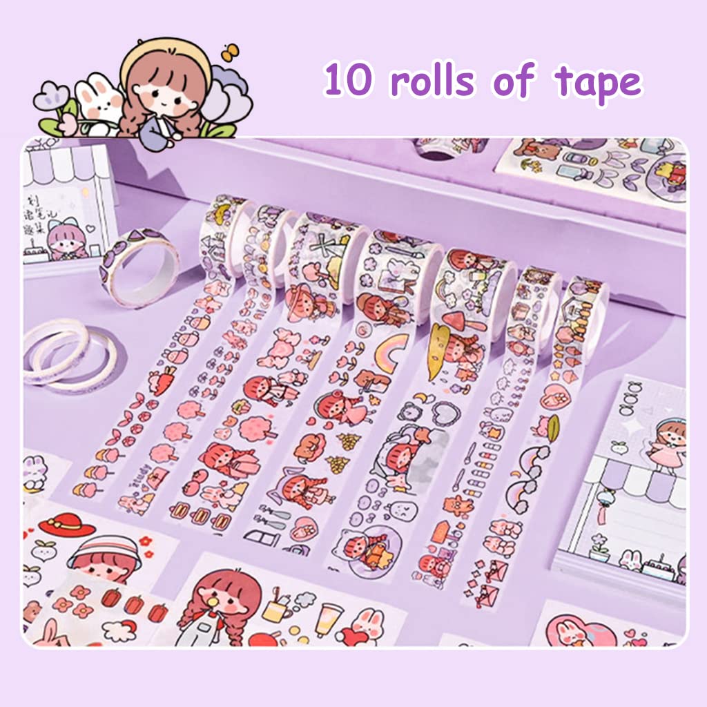 HASTHIP Cartoon Scrapbook Kit Gift Set Cute Theme Notebook Washi Tape Stickers Set Aesthetic Decorative Sticker Set for Bullet Journal, Scrapbook,Junk Journal, Paper