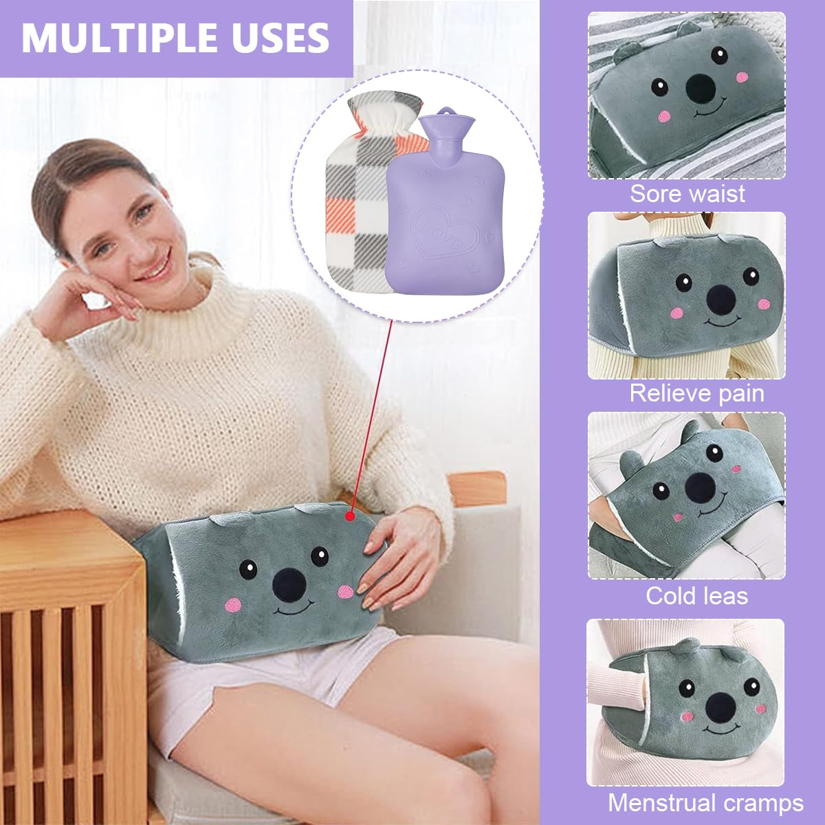 HANNEA Hot Water Bag with Plush Cover and Waist Wrap Belt Refillable Hot Water Bag Anti-leakage PVC Hot Water Bag Period Pain Relief Hot Water Bag, Relieve Cramp Relief, Back Pain