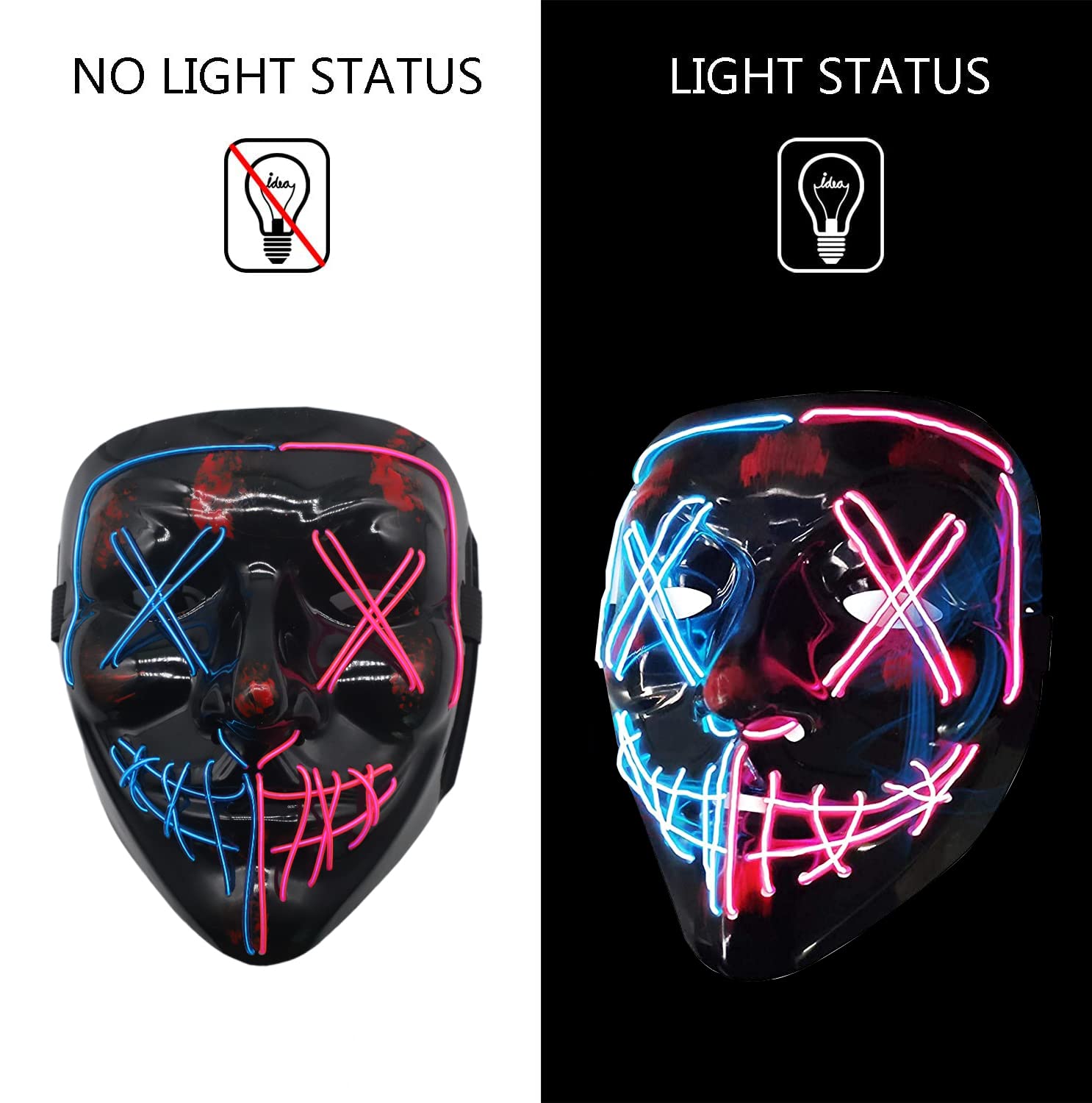 PATPAT Halloween Light Up Mask LED Mask EL Wire Scary Mask for Halloween Festival Party ,Masquerade Cosplay Light Up Face Mask for Men Women Kids (Half Blue & Pink)
