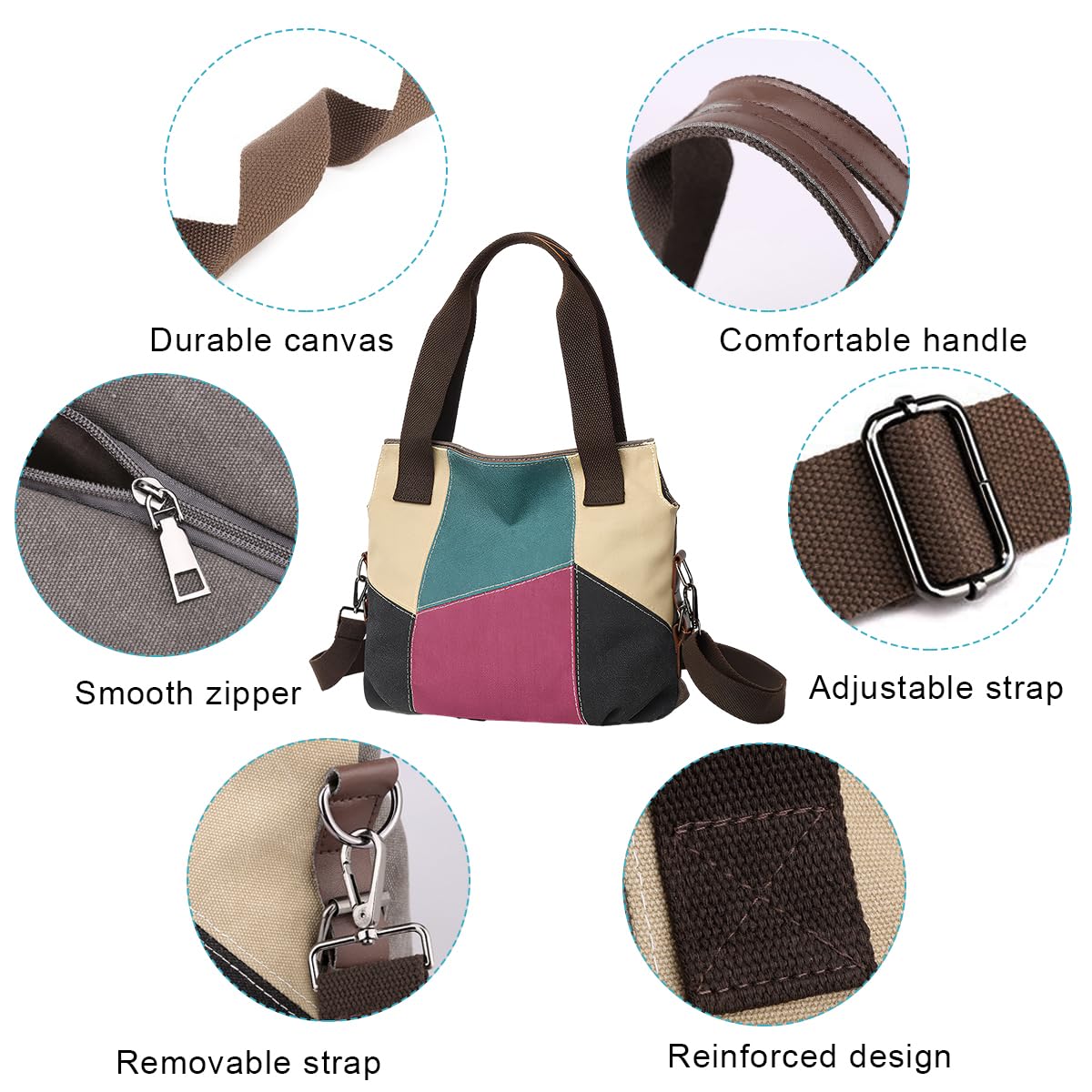 PALAY Canvas Tote Shoulder Bag Handbag for Women Fashion Patches Style Tote Bag with Detachable Shoulder Strap Large Canvas Tote Bag for Daily Work Bag for Women