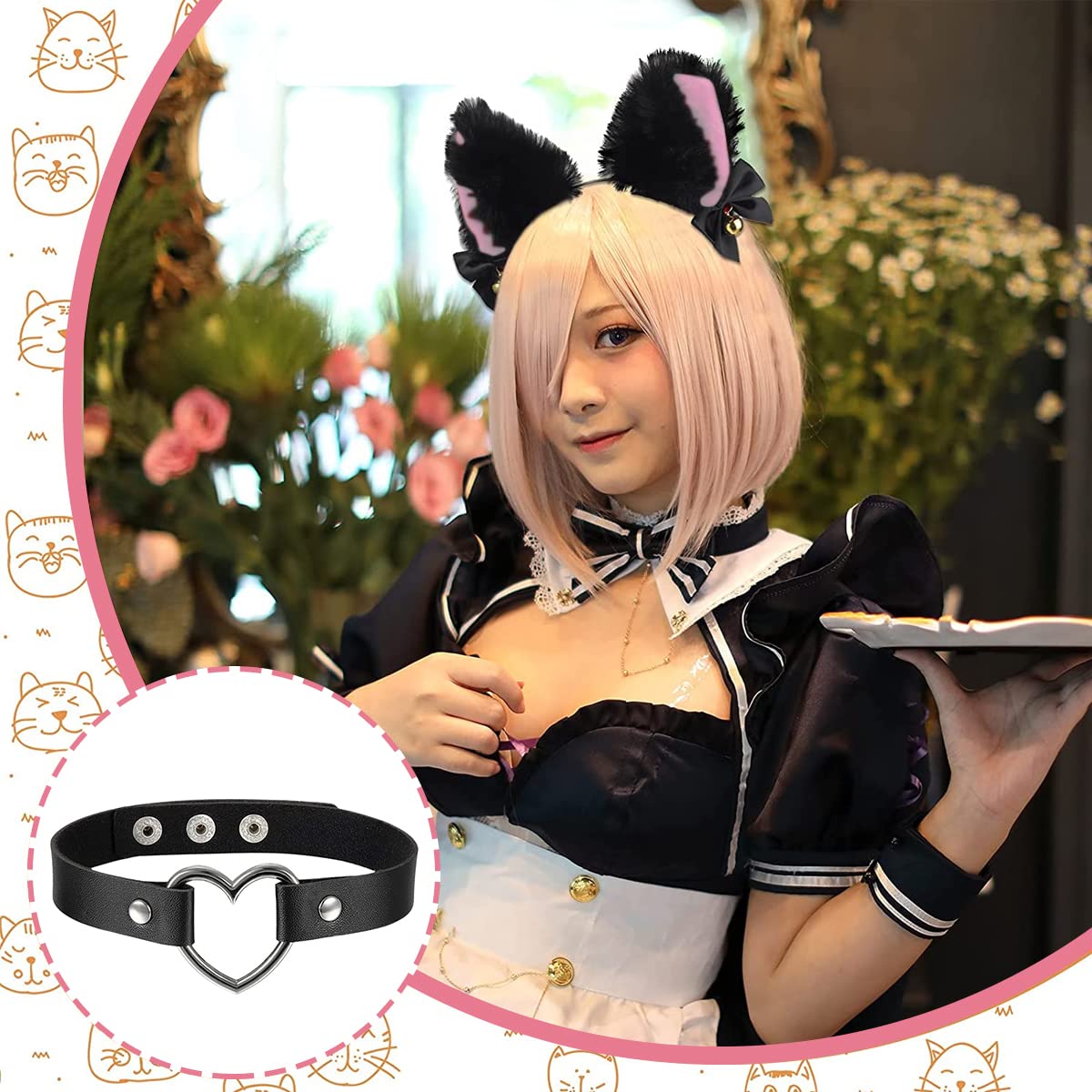 PALAY Cat Ears Headband Choker Set Women Girls Cosplay Plush Furry Ears Hair Band with Bell & Punk Fashion Choker Kit for Fancy Dress Party Performance Halloween
