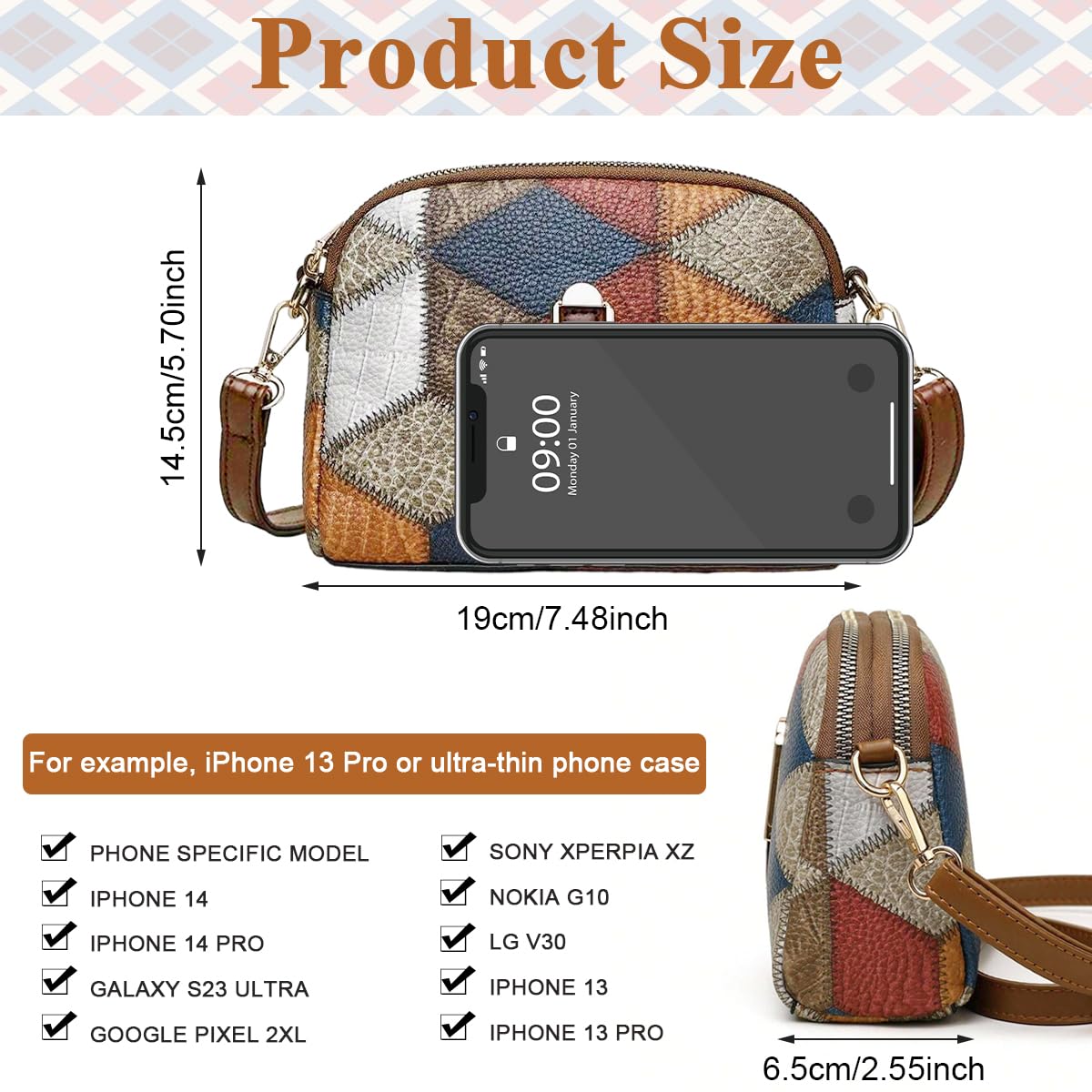 PALAY Mini Colorblock Crossbody Bag, Retro Rhombus Pattern Purse, Fashion Shoulder Bag