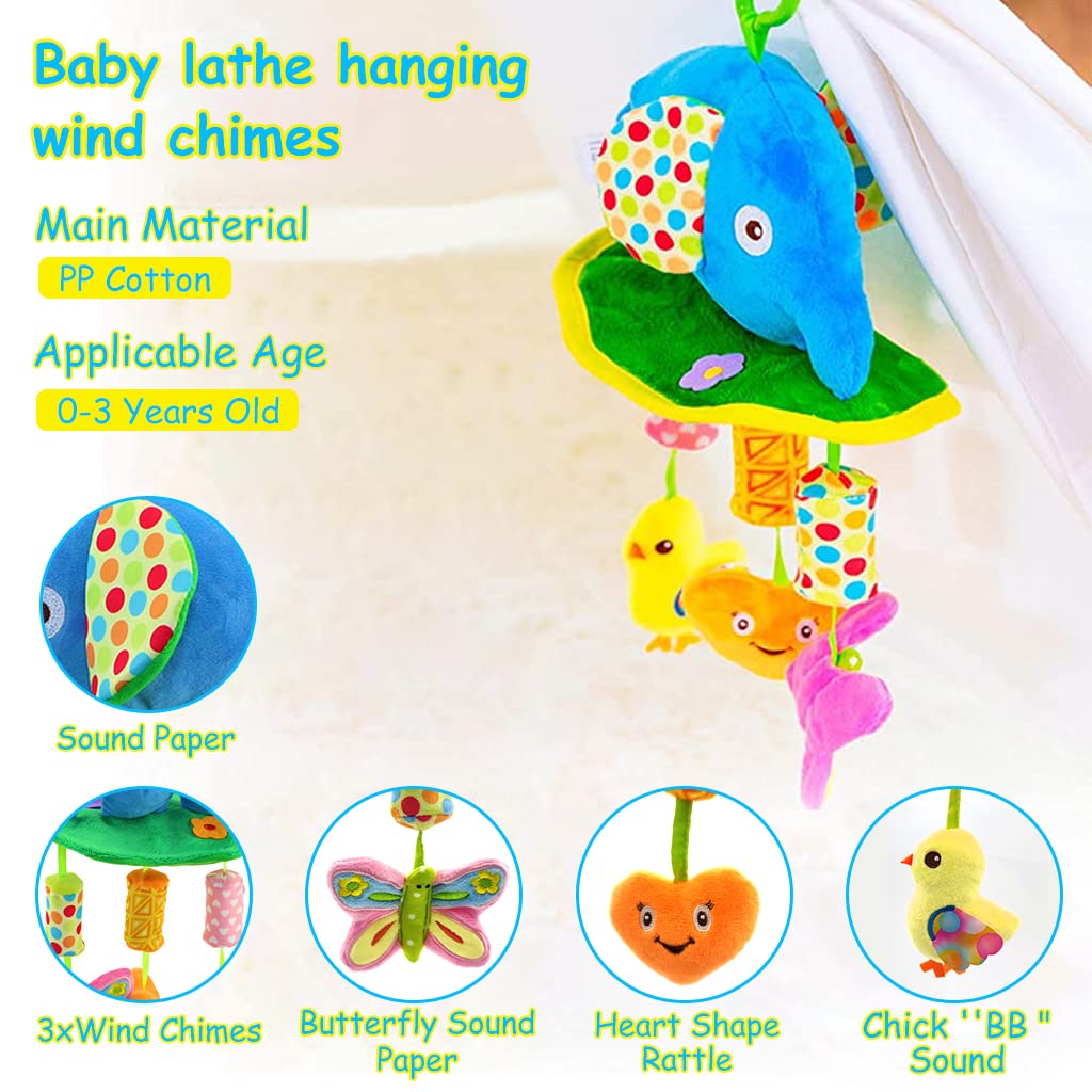 PATPAT Hanging Toys for Babies 0-6 Months, Rattle Crinkle Squeaky Toy Car Seat Plush Stroller Toy with Teethers Plush Animal C-Clip Ring for Infant Babies Boys and Girls 3 6 9 to 12 Months -Elephant