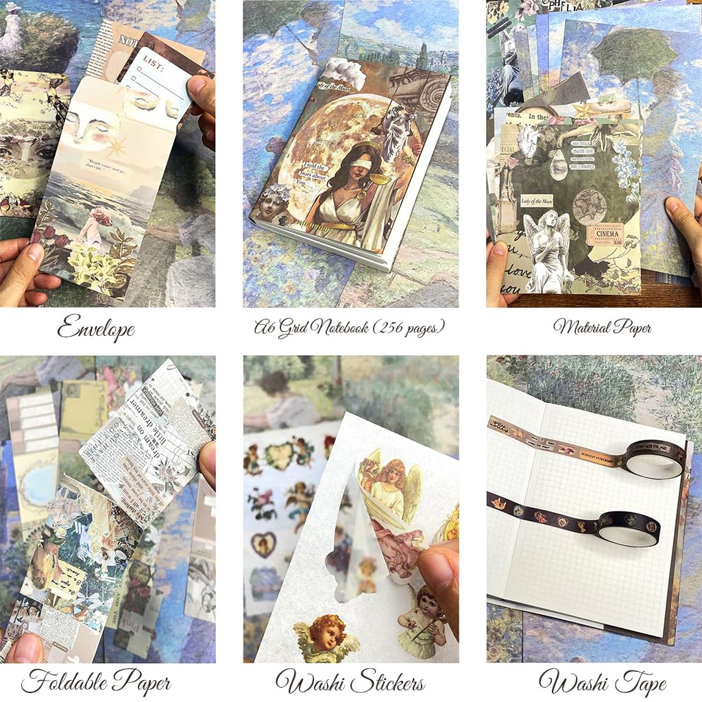 HASTHIP 232 Pcs Vintage Aesthetic Scrapbooking Supplies, Junk Journal Kits with Scrapbook Paper, Washi Stickers, A6 Grid Notebook, DIY Craft Journaling Gift for Teen Girl Adult (Star and Art Museum)