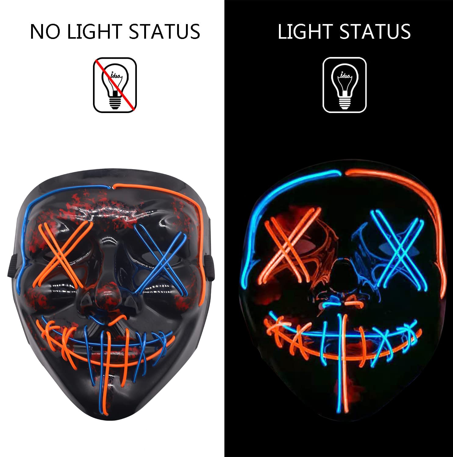 PATPAT Halloween Light Up Mask LED Mask EL Wire Scary Mask for Halloween Festival Party ,Masquerade Cosplay Light Up Face Mask for Men Women Kids (Mult Blue & Orange)