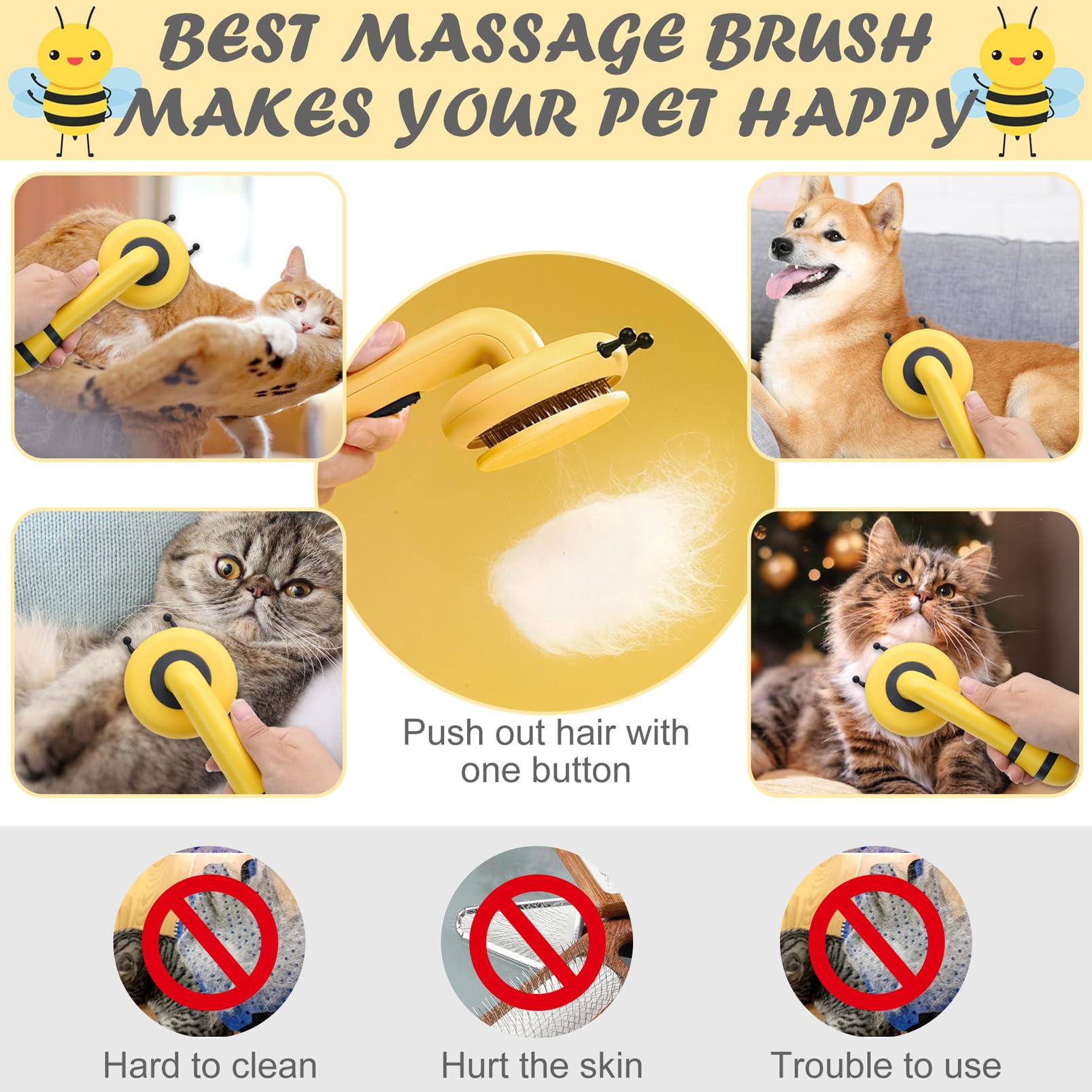 Qpets Grooming Brush for Dogs and Cats Slicker Hair Brush Honey Bee Design Remove Mat Shedding Brush for Cats & Dogs Gently Massage Hair Comb for Dogs Pet Grooming Comb for Dog