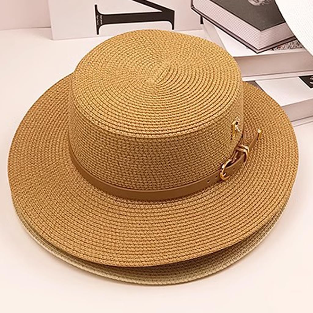 PALAY Straw Hat Bucket Hat for Women Flat Top Sun Hat Wide Brim Beach Hat for Women Ladies Foldable Summer Outdoor UV Protection Cap - Khaki