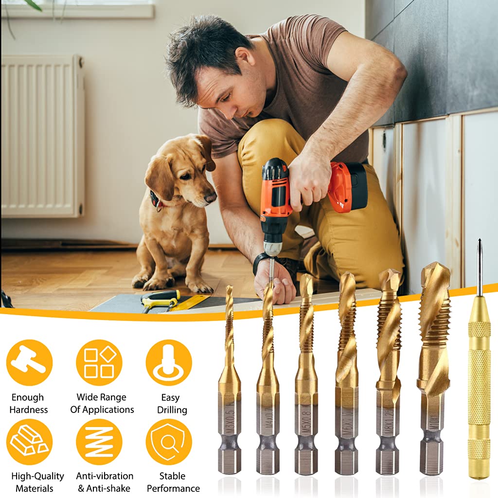 HASTHIP 6 Pack Spiral Hex Shank Combination Drill Screw Tap Bit Set (M3-M10), Tap Drill Bits Threading Drill Bit Threading Bit Tool for Drilling, Tapping, Cutting on Soft Metal, Aluminum Plate