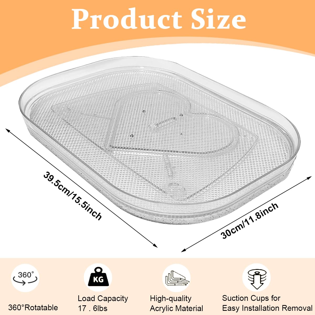 Supvox Lazy Susan Rotating Organizer for Refrigerator, 15.67'' Clear Rectangular Fridge Organizer Storage, Suction Cup Design Fridge Organizer Tray for Cabinet, Table, Pantry, Kitchen, Countertop