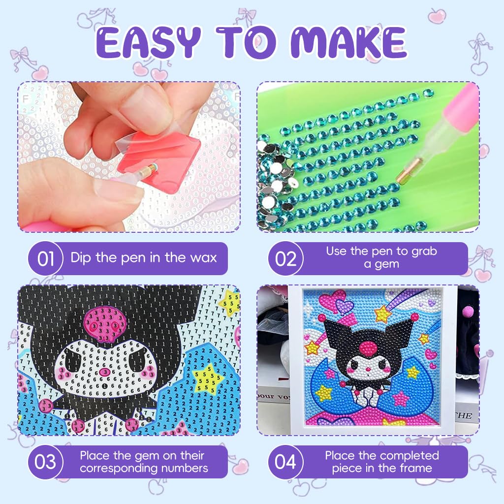 PATPAT DIY Diamond Painting Art Kit for Kids 6.7 inches Cute Kuromi Diamond Painting Art with Wooden Frame DIY Diamond Painting Art Desk Decoration Art Craft Gift for Kids