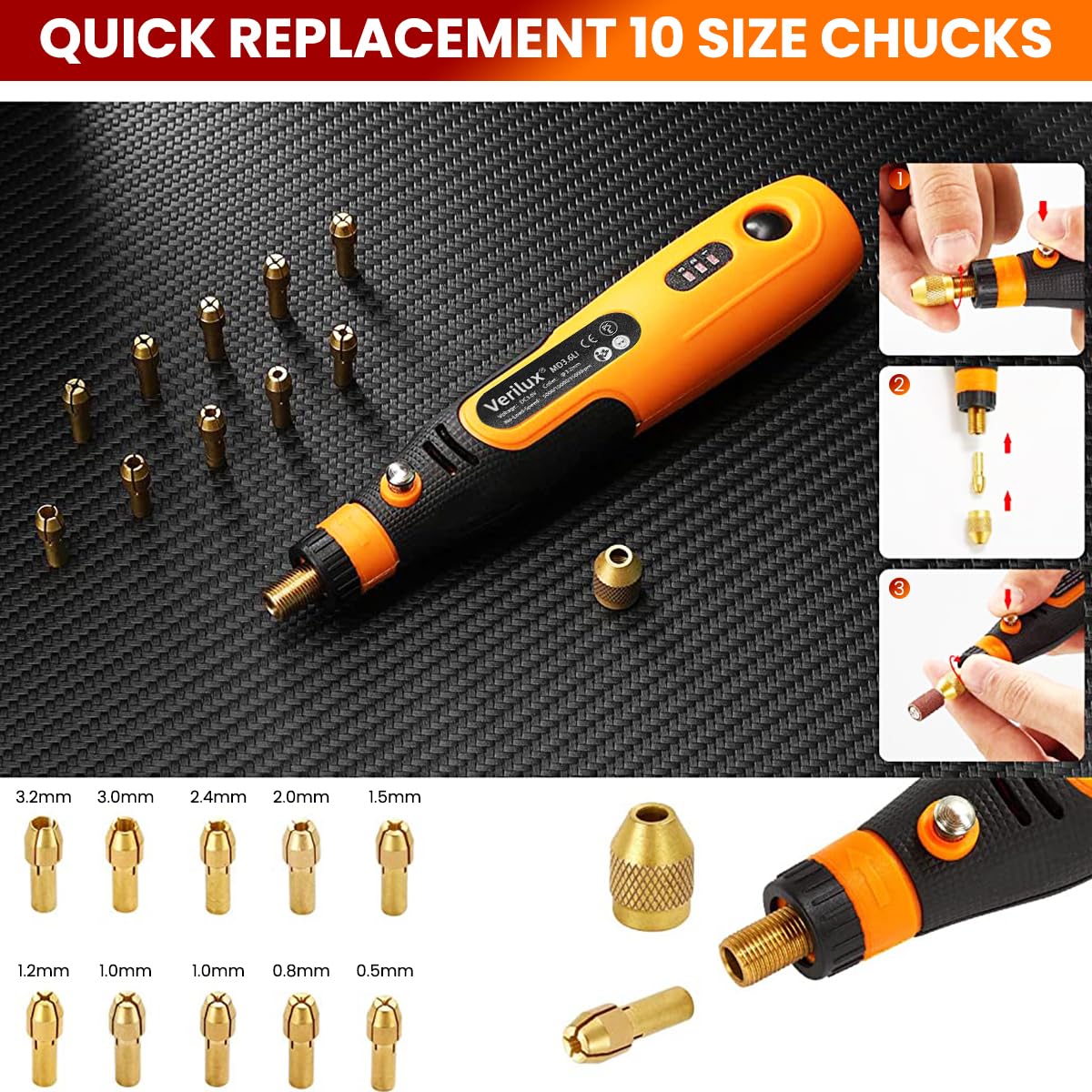 Verilux 45pcs Mini Cordless Drill Machine, 900Ah USB Rechargeable 3 Speed Small Drill Machine for Craft, Drill Machines for Eng (Orange)