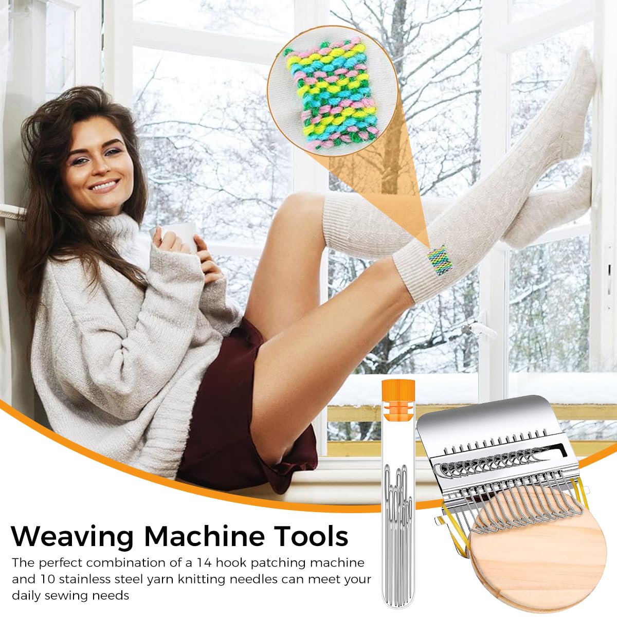 HASTHIP Darning Mini Loom Machine, 21 Hooks Darning Loom Speedweve Type Weave Tool with 9 Yarn Knitting Needles DIY Textile Weaving Loom Kit for Beginners Mending Jeans, Repair Holes