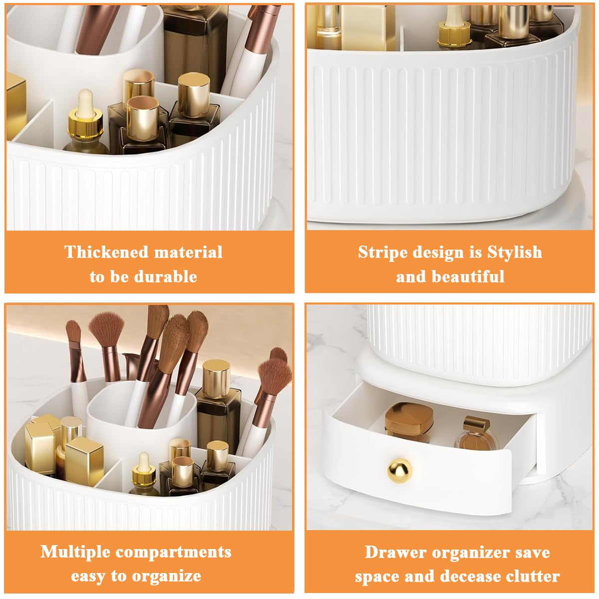MAYCREATE Makeup Organizer Box, 360° Rotating Makeup Brush Holder with Drawer, Cosmetics Display Case Skincare Storage for Vanity Desktop Bathroom - Ivory