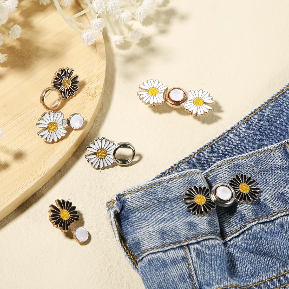 SANNIDHI 4Pcs Daisy Jeans Tightening Clips, Flower Detachable Jeans Adjustable Button Pins, Adjustable Waist Buckle for Women, Instant Pants Waist Tighteners for Loose Waist for Pants Skirts