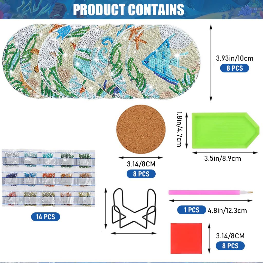 HASTHIP 8 Pcs Diamond Painting Coasters Kits, Exquisite Diamond Painting Coasters with Holder, DIY Diamond Art Coasters and Crafts for Adults Kids, Style B, acrylic