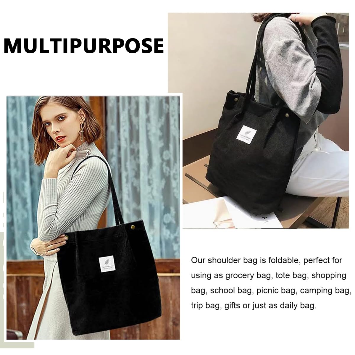PALAY Tote Bag Corduroy Grocery Bag Large Hand Bag For Women Shopping Bag, Grocery Bag, Shoulder Bag For Shopping, Commuting, Black