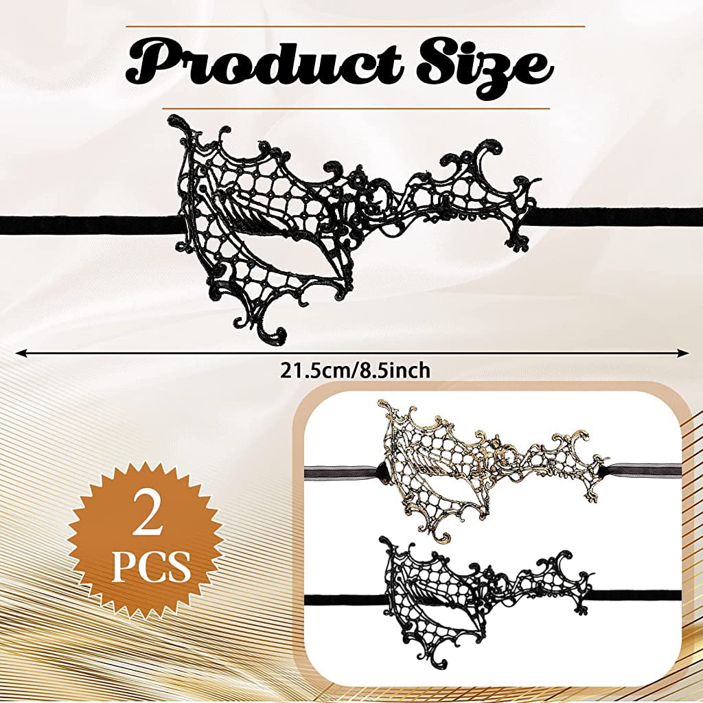 PATPAT 2Pcs Masquerade Masks Lace Eye Mask, Women Halloween Mask Lady Girl Party Mask for Party Masquerade Costume Halloween (Black & Gold)