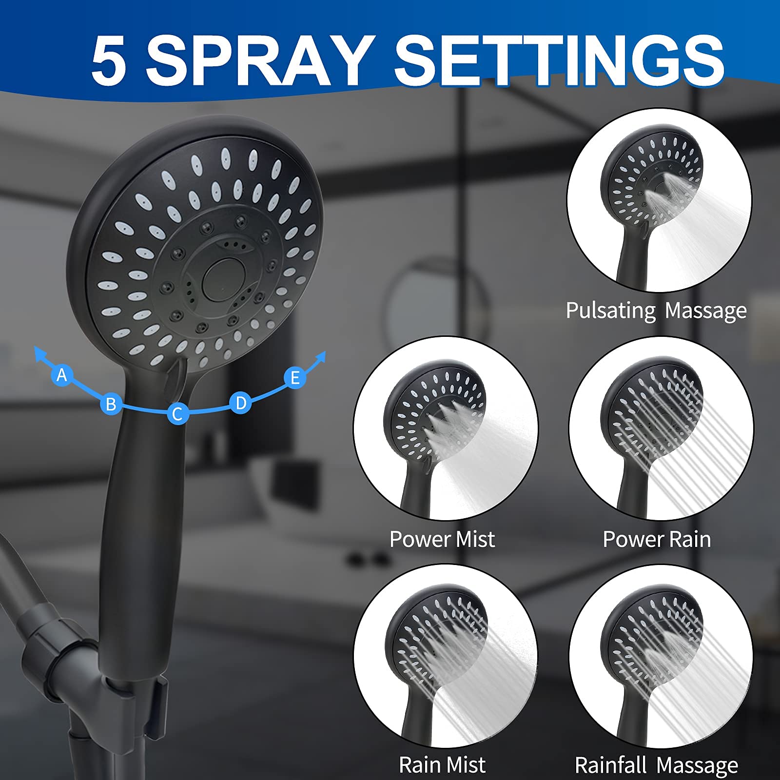 HASTHIP High-Pressure Handheld Shower, 5-Setting Powerful Shower Head with ON/Off Pause Switch & Silicone Water Outlet Holes, Standard Interface Universally Compatibility